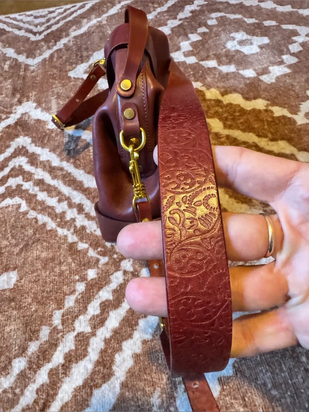Old trend modern vintage burgundy leather dr bag brass crossbody embossed strap